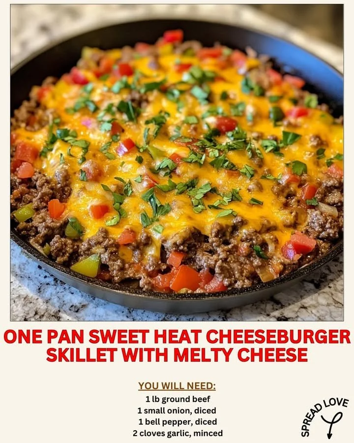 One Pan Sweet Heat Cheeseburger Skillet with melting cheese and colorful ingredients.