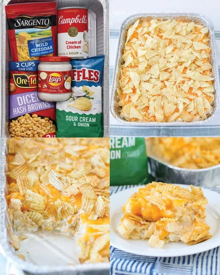 Deliciously cheesy party potatoes served in a dish.