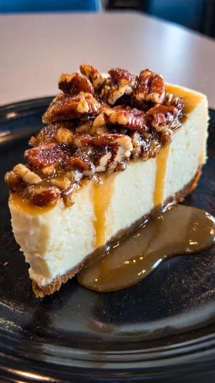 Slice of delicious pecan pie cheesecake topped with caramel and pecans