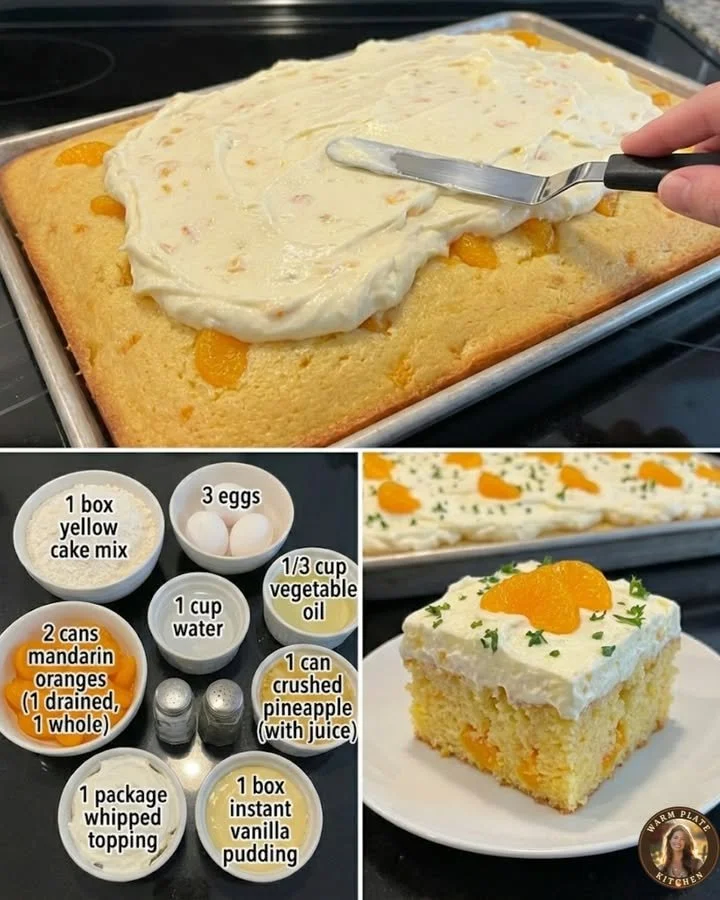 Deliciously layered pig picking cake topped with fruit and cream.