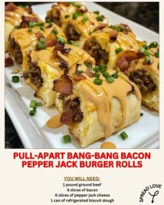 Pull-apart bacon burger rolls with pepper jack cheese, perfect for sharing.