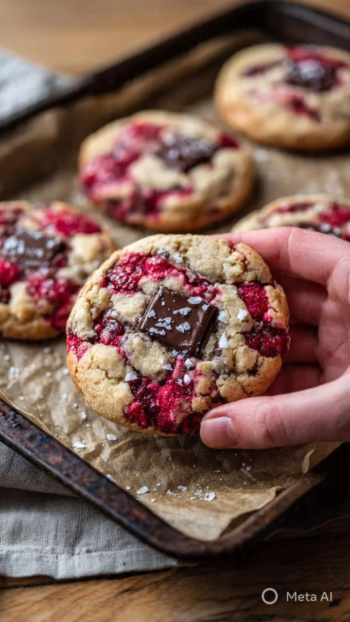 Freshly baked Raspberry Chocolate Chunk Cookies on a cooling rack