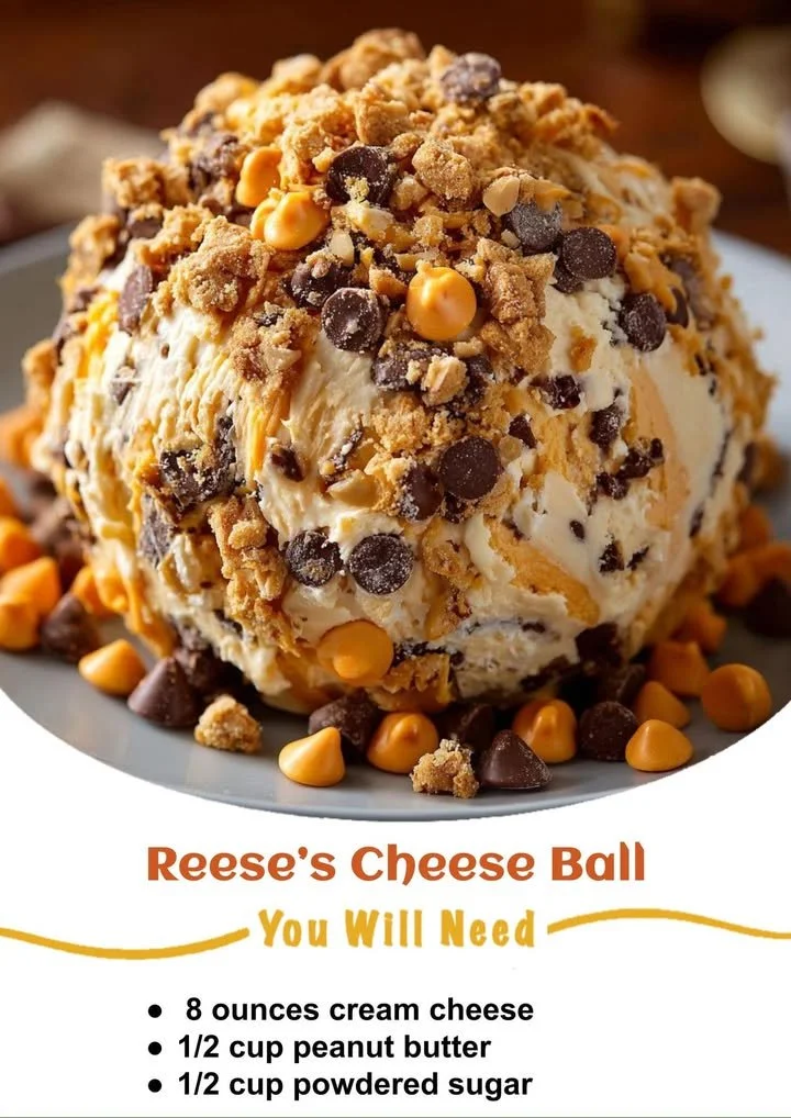 Delicious Reese's cheese ball dessert with chocolate and peanut butter flavors