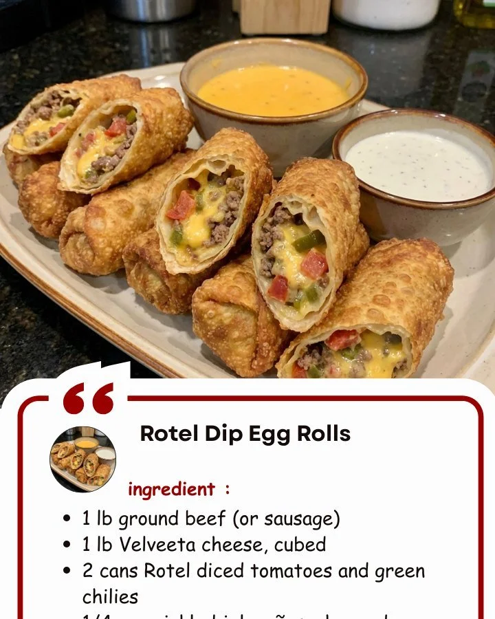 Rotel Dip Egg Rolls served with dipping sauce on a plate
