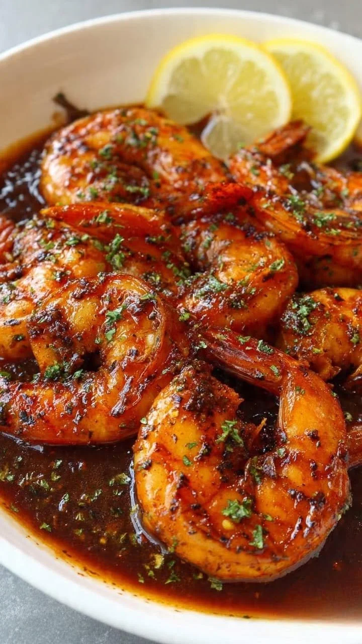 Ruth's Chris BBQ shrimp served in a flavorful sauce with spices and herbs