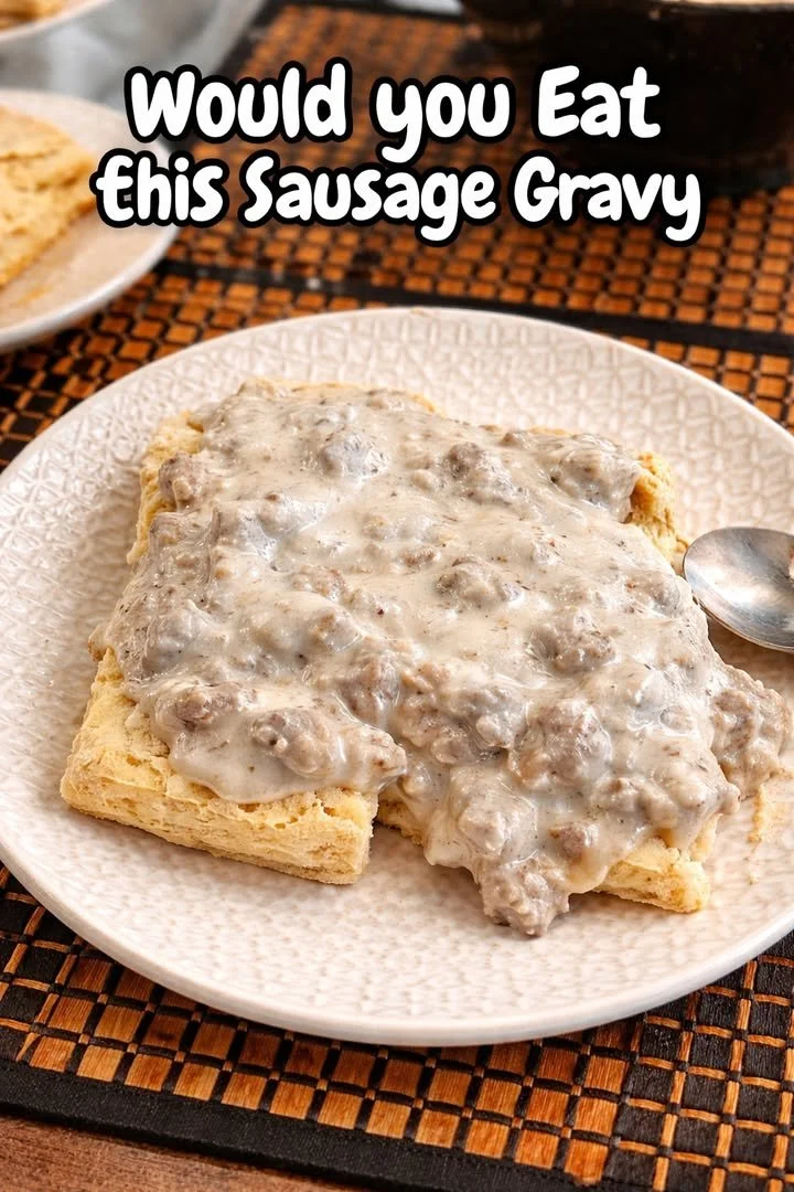 Delicious homemade sausage gravy served over biscuits for breakfast