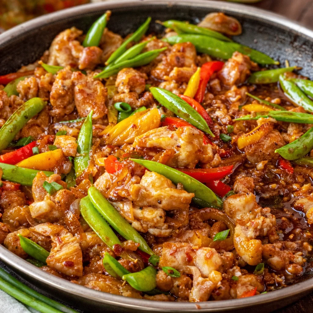 Delicious Sweet and Spicy Chicken Stir Fry with fresh vegetables and homemade sauce.