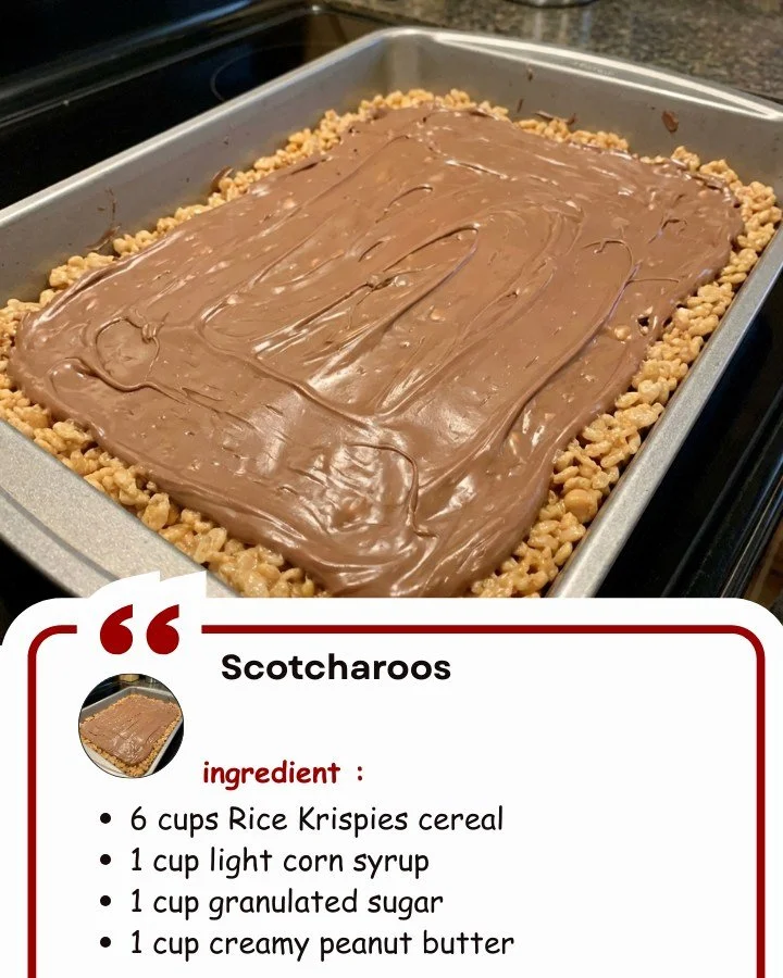 Delicious homemade Scotcharoos topped with chocolate and peanut butter