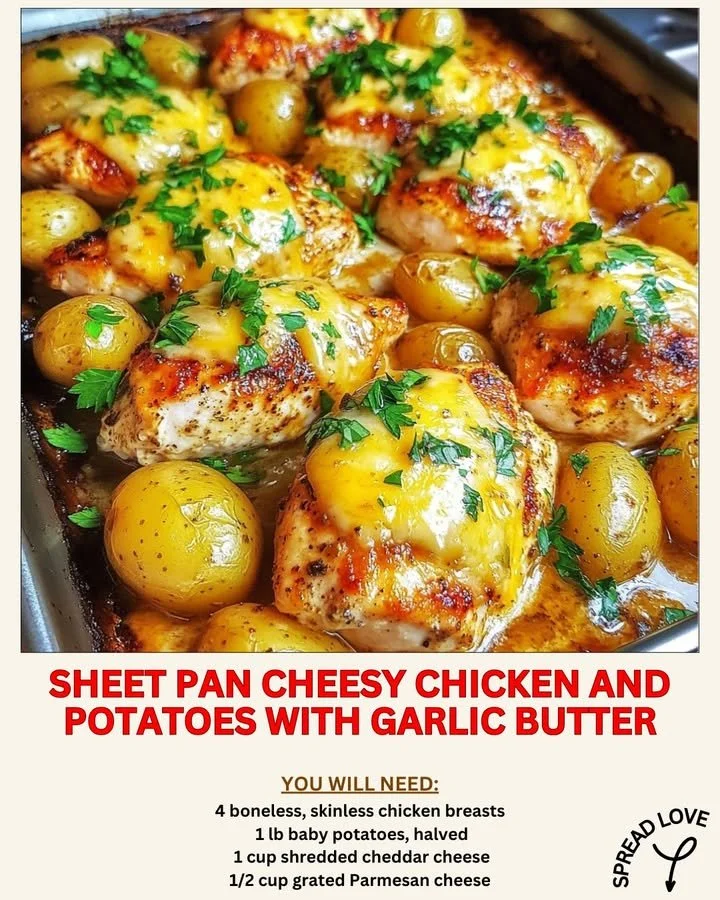 Sheet pan cheesy chicken and potatoes topped with garlic butter.
