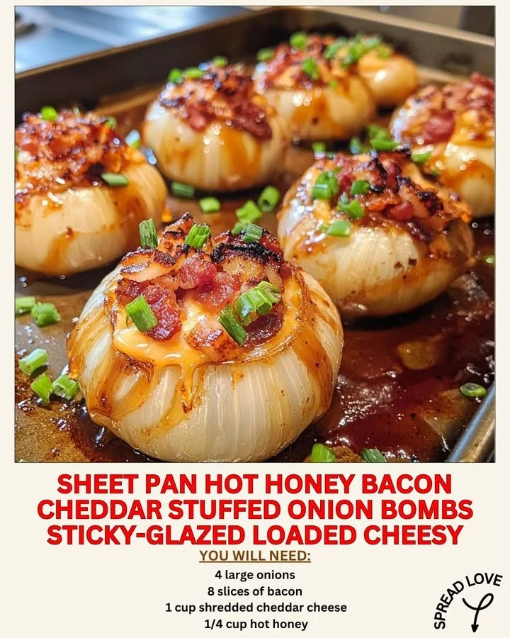 Sheet pan of hot honey bacon cheddar stuffed onion bombs ready to serve