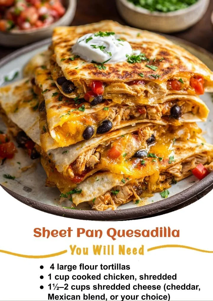 Delicious sheet pan quesadilla with melted cheese and colorful vegetables