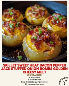 Skillet Sweet Heat Bacon Pepper Jack Stuffed Onion Bombs ready to serve