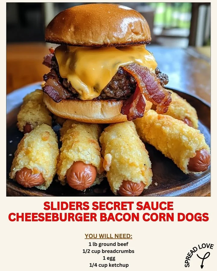 Sliders featuring secret sauce, cheeseburger bacon corn dogs on a serving platter.