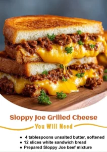 Sloppy Joe Grilled Cheese sandwich with gooey cheese and flavorful beef filling