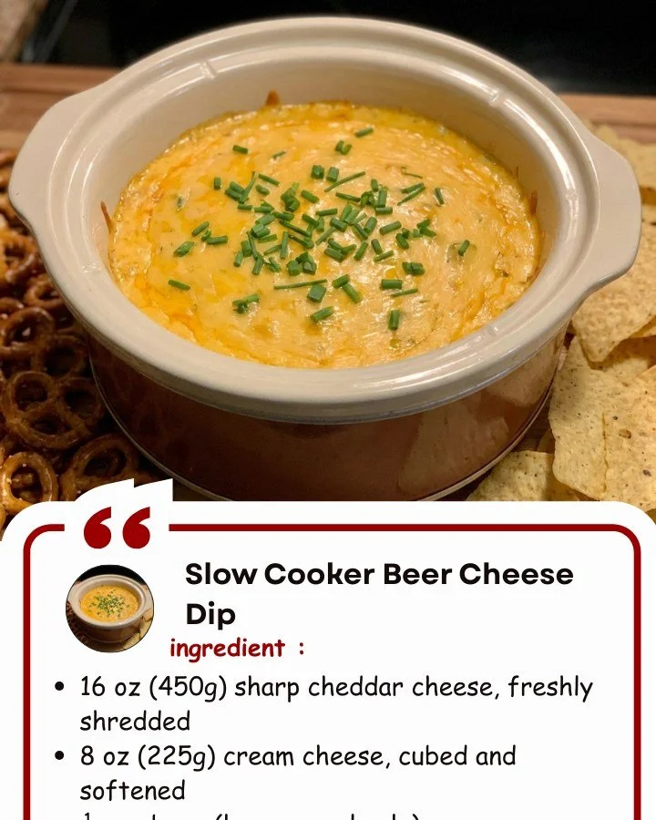 Slow cooker beer cheese dip served with pretzel bites and veggies.