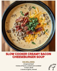 Creamy bacon cheeseburger soup in a slow cooker with toppings