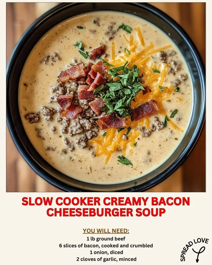 Creamy bacon cheeseburger soup in a slow cooker with toppings