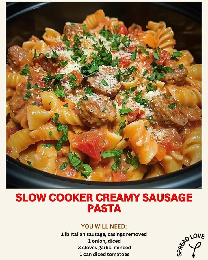 Delicious slow cooker creamy sausage pasta served in a bowl