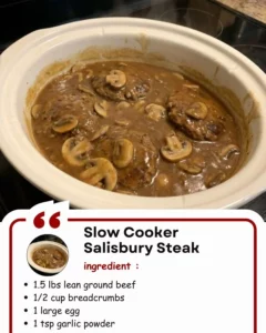 Slow cooker Salisbury steak served with onion gravy over mashed potatoes
