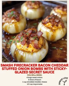 Smash Firecracker Bacon Cheddar Stuffed Onion Bombs on a grill