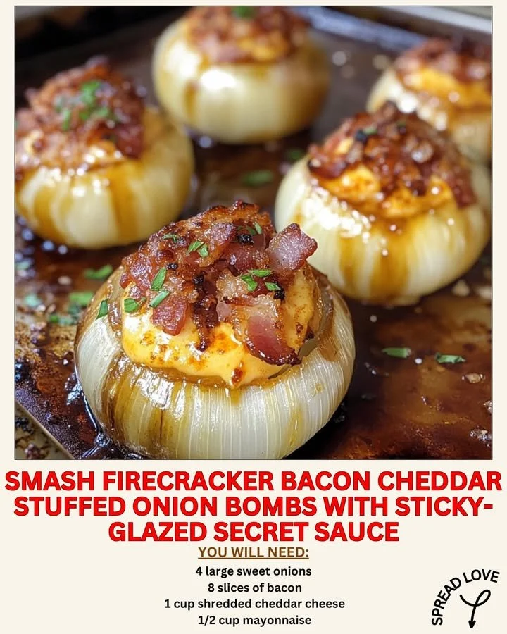 Smash Firecracker Bacon Cheddar Stuffed Onion Bombs on a grill