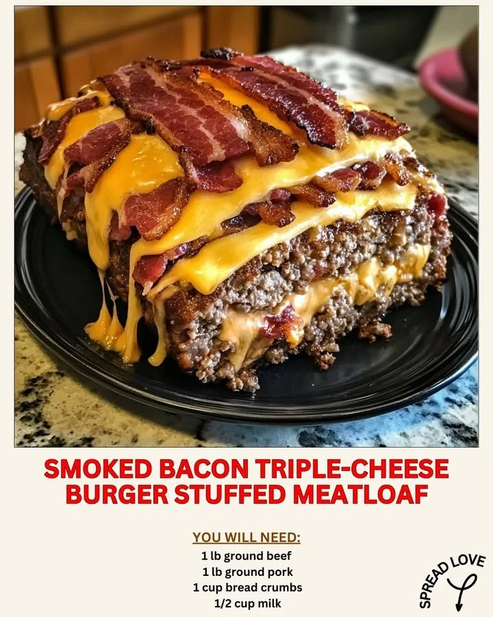 Smoked Bacon Triple-Cheese Burger Stuffed Meatloaf on a plate