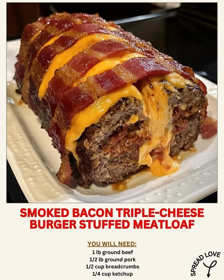 Delicious Smoked Bacon Triple-Cheese Burger Stuffed Meatloaf with melted cheese