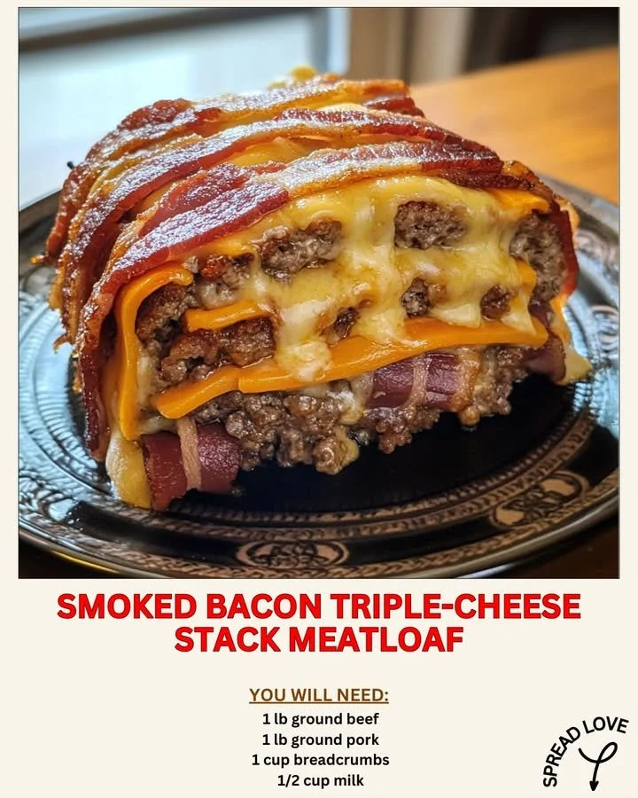 Smoked Bacon Triple-Cheese Stack Meatloaf garnished with herbs