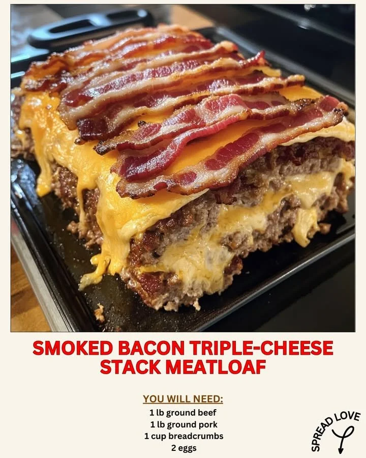 Smoked Bacon Triple-Cheese Stack Meatloaf with layers of cheese and bacon
