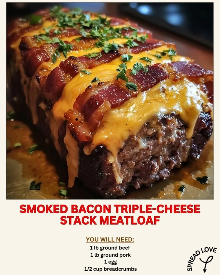 Smoked Bacon Triple-Cheese Meatloaf topped with melted cheese and crispy bacon.