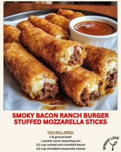 Smoky Bacon Ranch Burger Stuffed Mozzarella Sticks with melted cheese