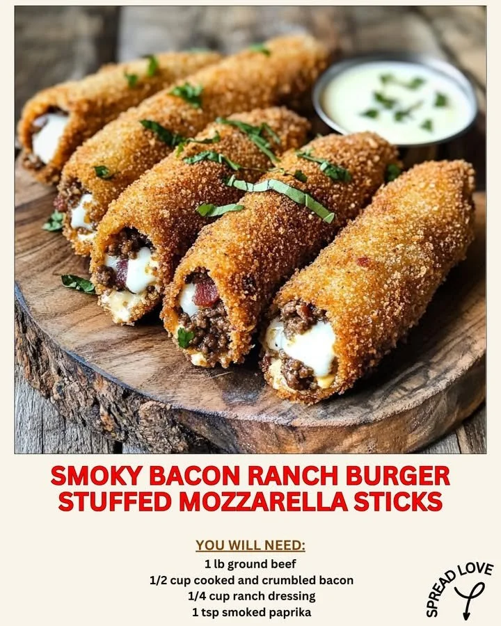Smoky Bacon Ranch Burger stuffed mozzarella sticks served on a plate