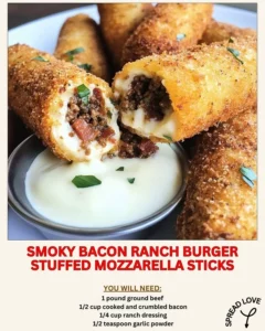 Smoky Bacon Ranch Burger stuffed mozzarella sticks on a plate