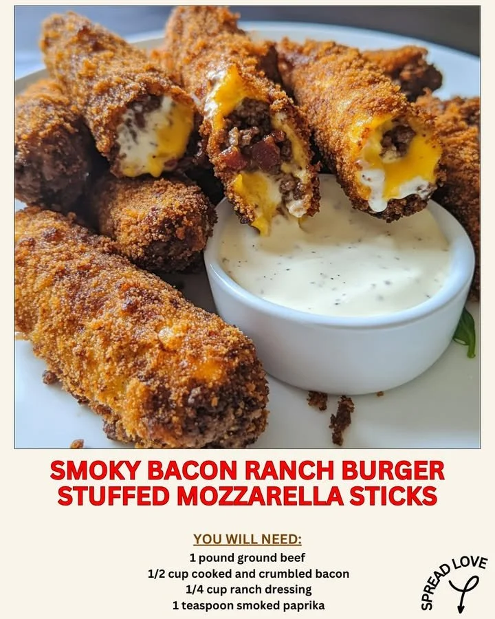 Smoky bacon ranch burger stuffed mozzarella sticks on a plate