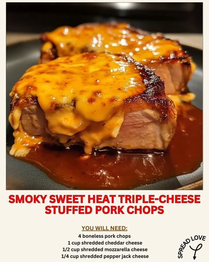 Delicious smoky sweet heat triple-cheese stuffed pork chops on a plate