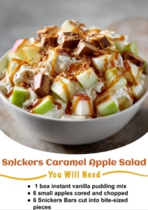Delicious Snickers Caramel Apple Salad with caramel drizzle and apple slices