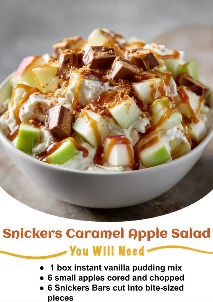 Delicious Snickers Caramel Apple Salad with caramel drizzle and apple slices