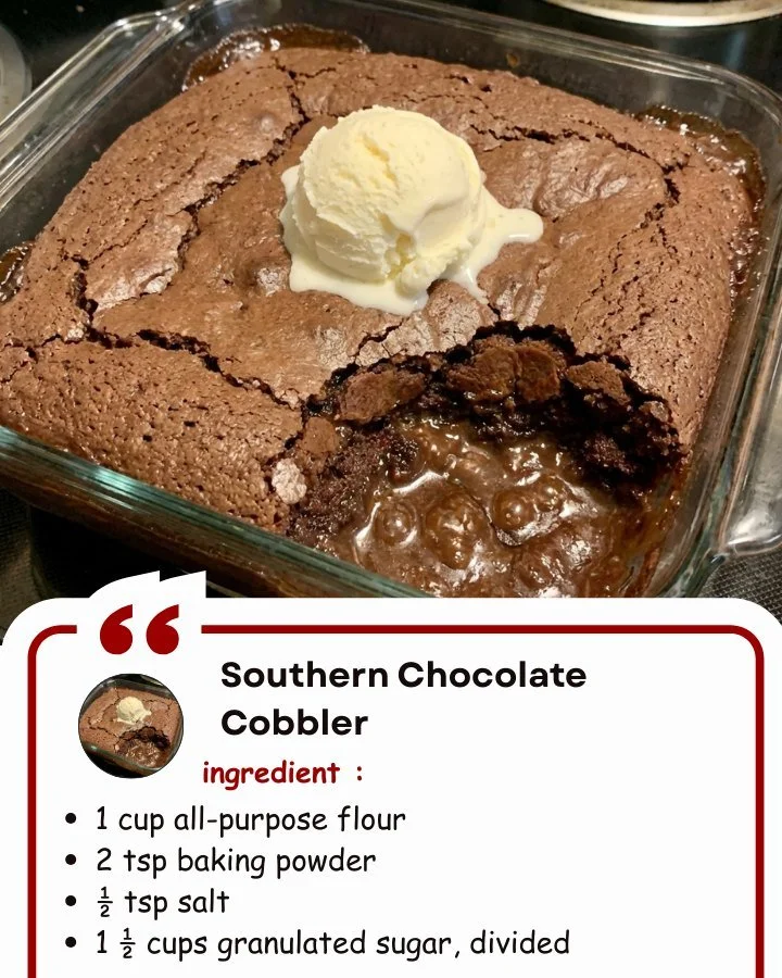 Delicious Southern Chocolate Cobbler dessert served warm with a scoop of ice cream.