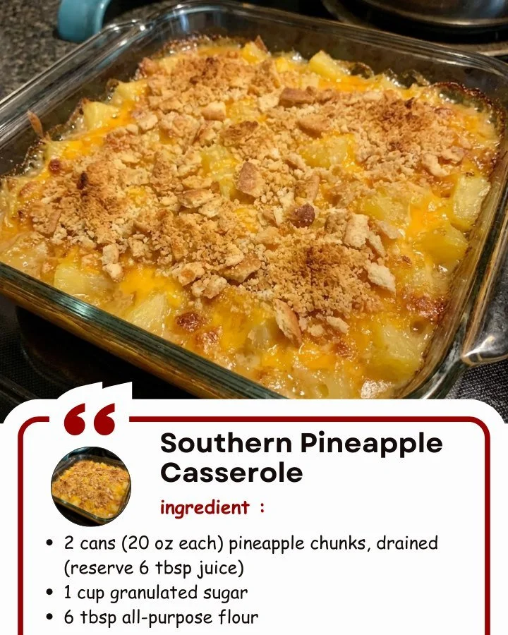 Southern Pineapple Casserole baked dish with cheese and pineapple