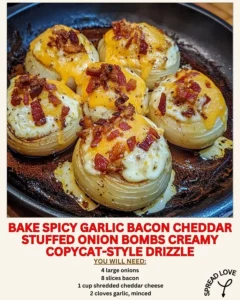 Spicy garlic bacon cheddar stuffed onion bombs ready to serve
