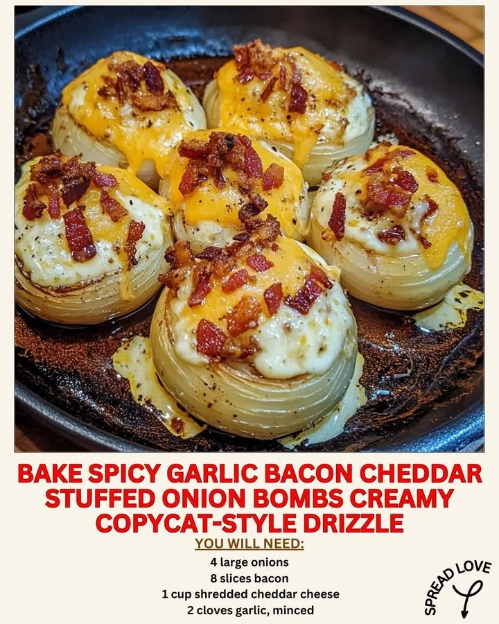 Spicy garlic bacon cheddar stuffed onion bombs ready to serve