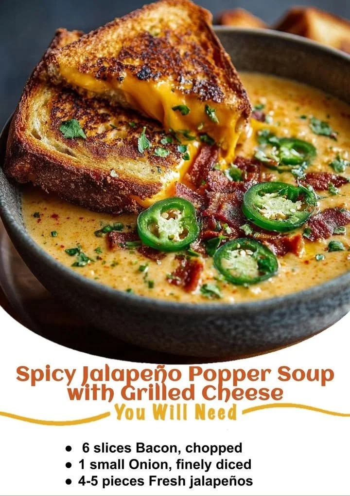 Bowl of spicy Jalapeño Popper Soup served with a grilled cheese sandwich.