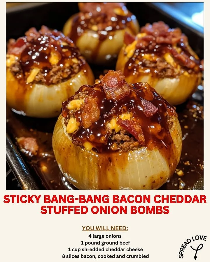 Sticky Bang-Bang Bacon Cheddar Stuffed Onion Bombs garnished and ready to serve