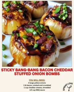 Sticky Bang-Bang bacon cheddar stuffed onion bombs plated for serving