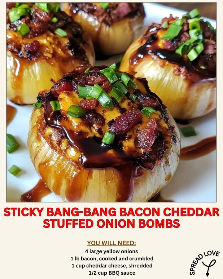 Sticky Bang-Bang bacon cheddar stuffed onion bombs plated for serving