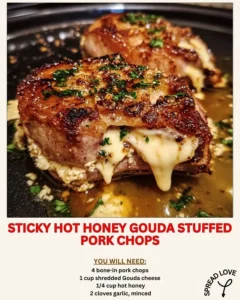 Sticky hot honey gouda stuffed pork chops on a plate