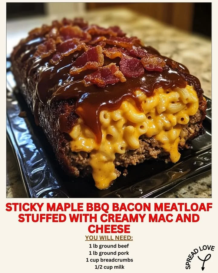 Sticky Maple BBQ Bacon Meatloaf with creamy mac and cheese filling
