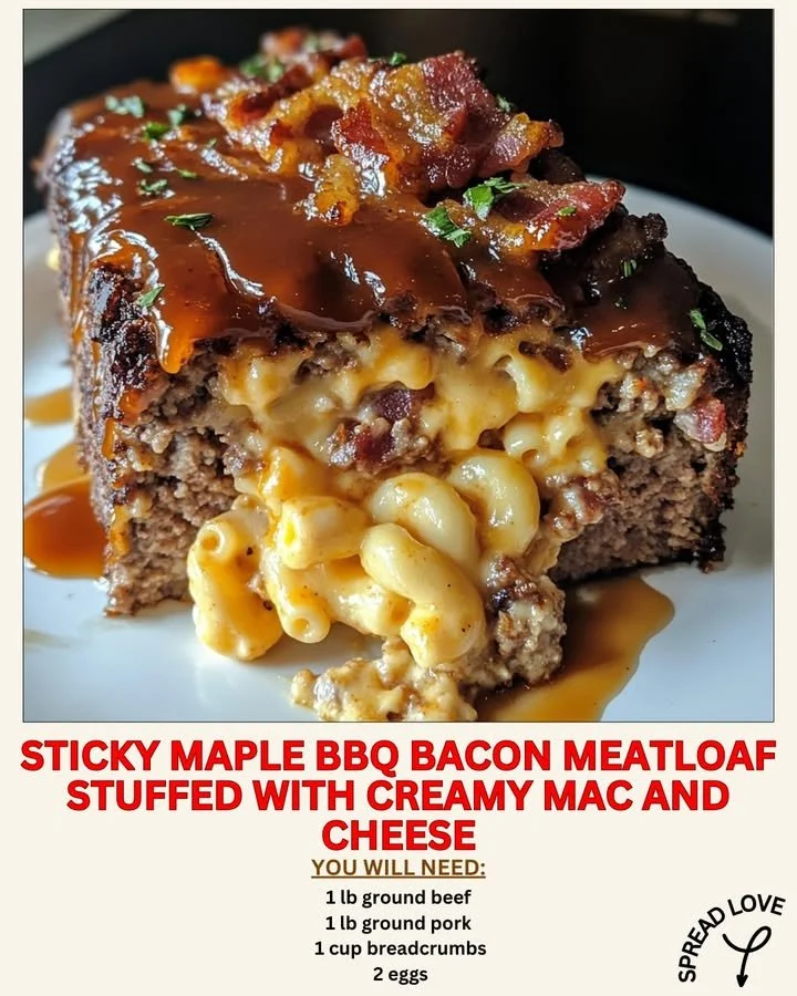 Sticky maple BBQ bacon meatloaf stuffed with creamy mac and cheese, served on a plate.