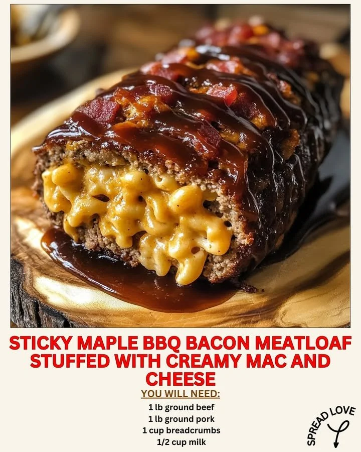 Sticky Maple BBQ Bacon Meatloaf filled with creamy mac and cheese