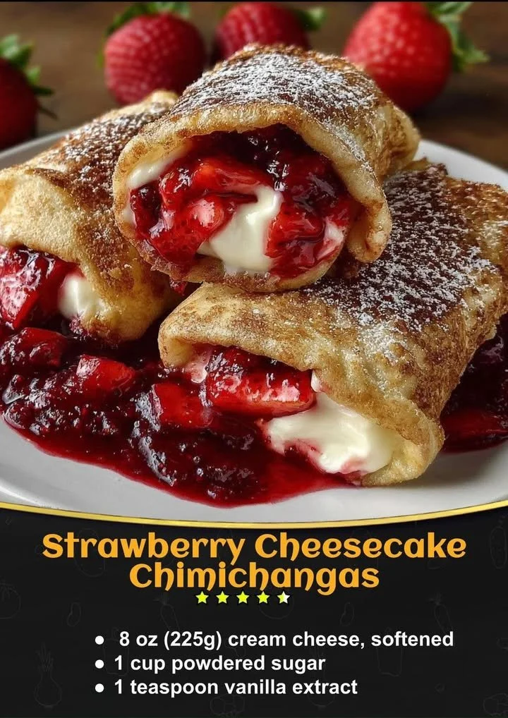 Strawberry cheesecake chimichangas with fresh strawberries on a plate